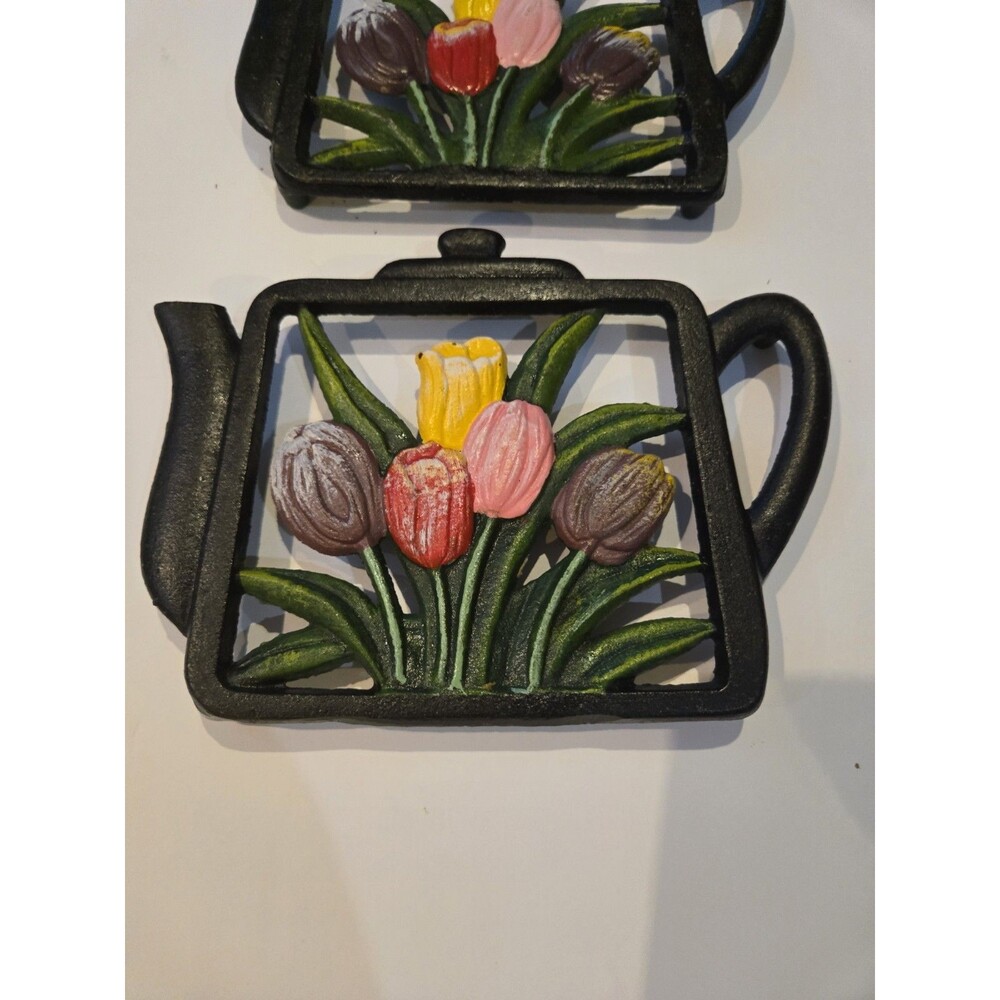 two decorative cast iron trivets Tea Kettle With Tulips - Picture 2 of 5